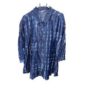 Laurie Felt Women Top 2X Easy Tencel Blue Roll Tab Sleeve Button Up